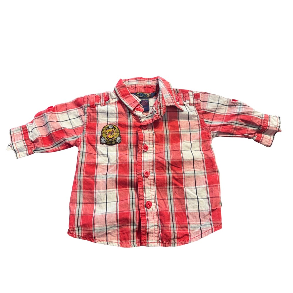 Coogi Baby Plaid Button Down Shirt Roll Tab Sleeve 0/3 Months Cotton Red